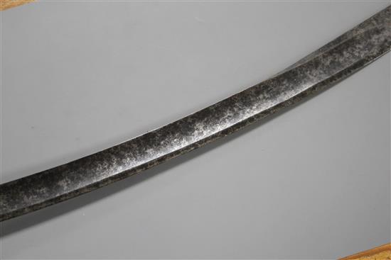 A Georgian infantry officers sword, fine gilt hilt, the curved blade gilt etched with GR and Royal Arms, blade 73.5cm, overall length